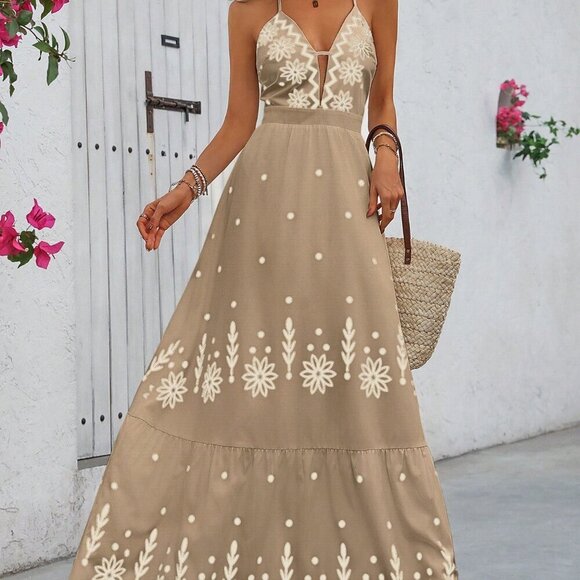 Multicolor Boho Women's Long Camisole Printed Hawaiian Style Maxi Dress - Picture 6 of 6